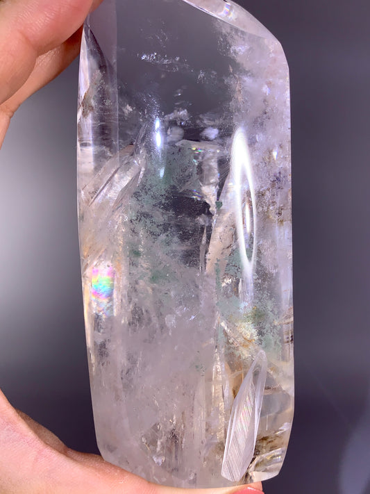 Large Penetrating Quartz-in-Quartz Tower with Natural Rainbow & Green Garden | Brazil