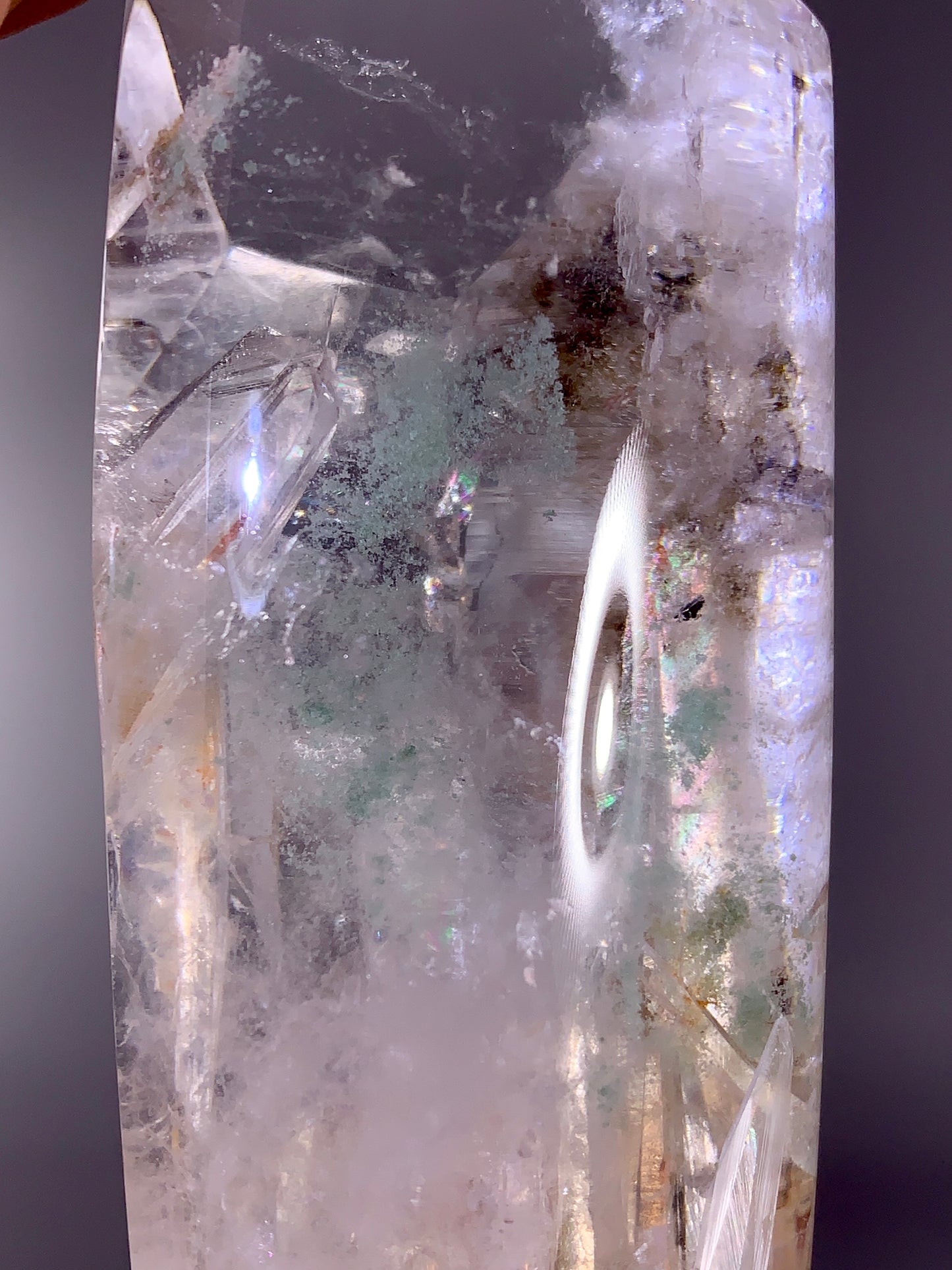 Large Penetrating Quartz-in-Quartz Tower with Natural Rainbow & Green Garden | Brazil