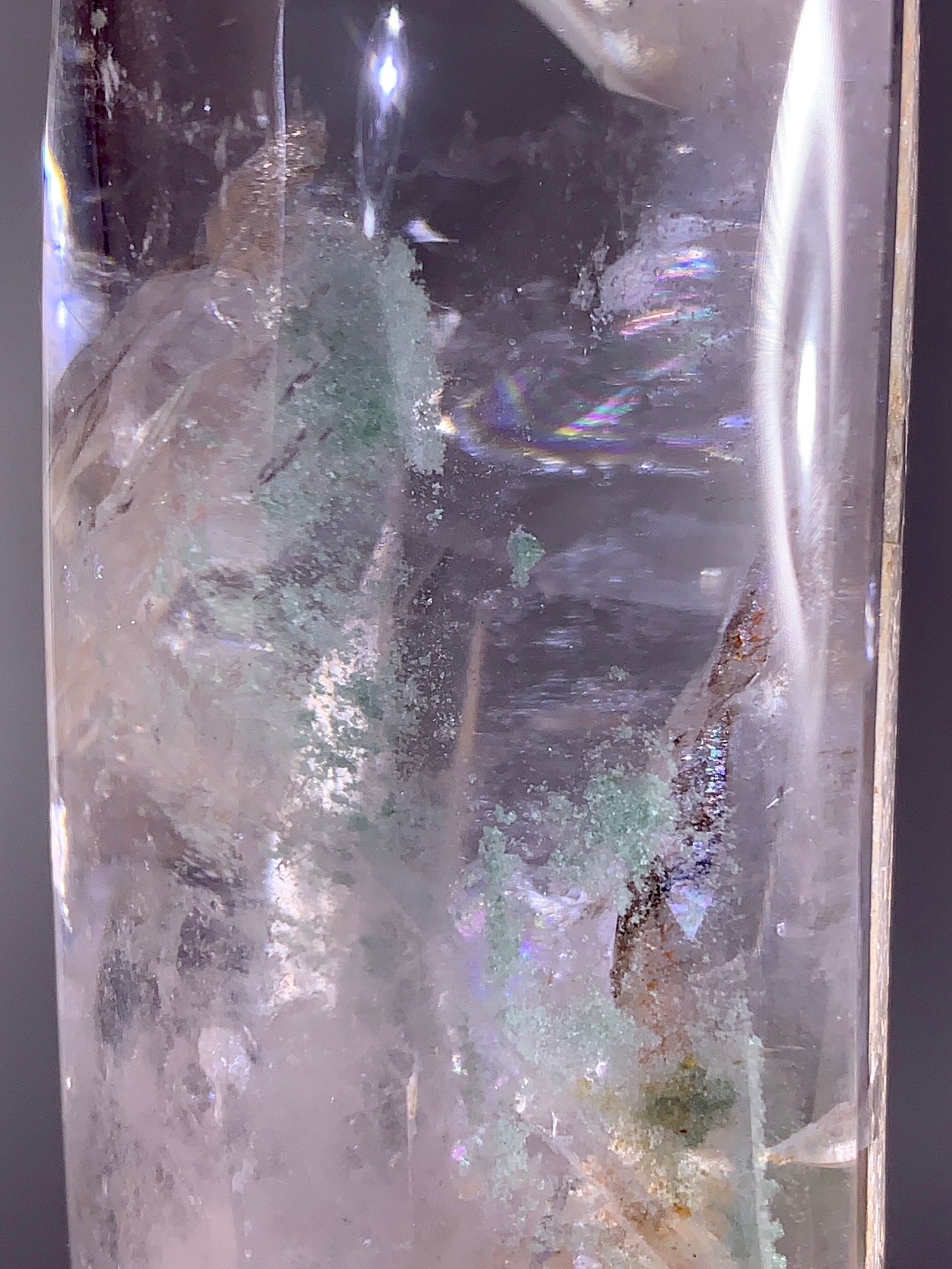 Large Penetrating Quartz-in-Quartz Tower with Natural Rainbow & Green Garden | Brazil