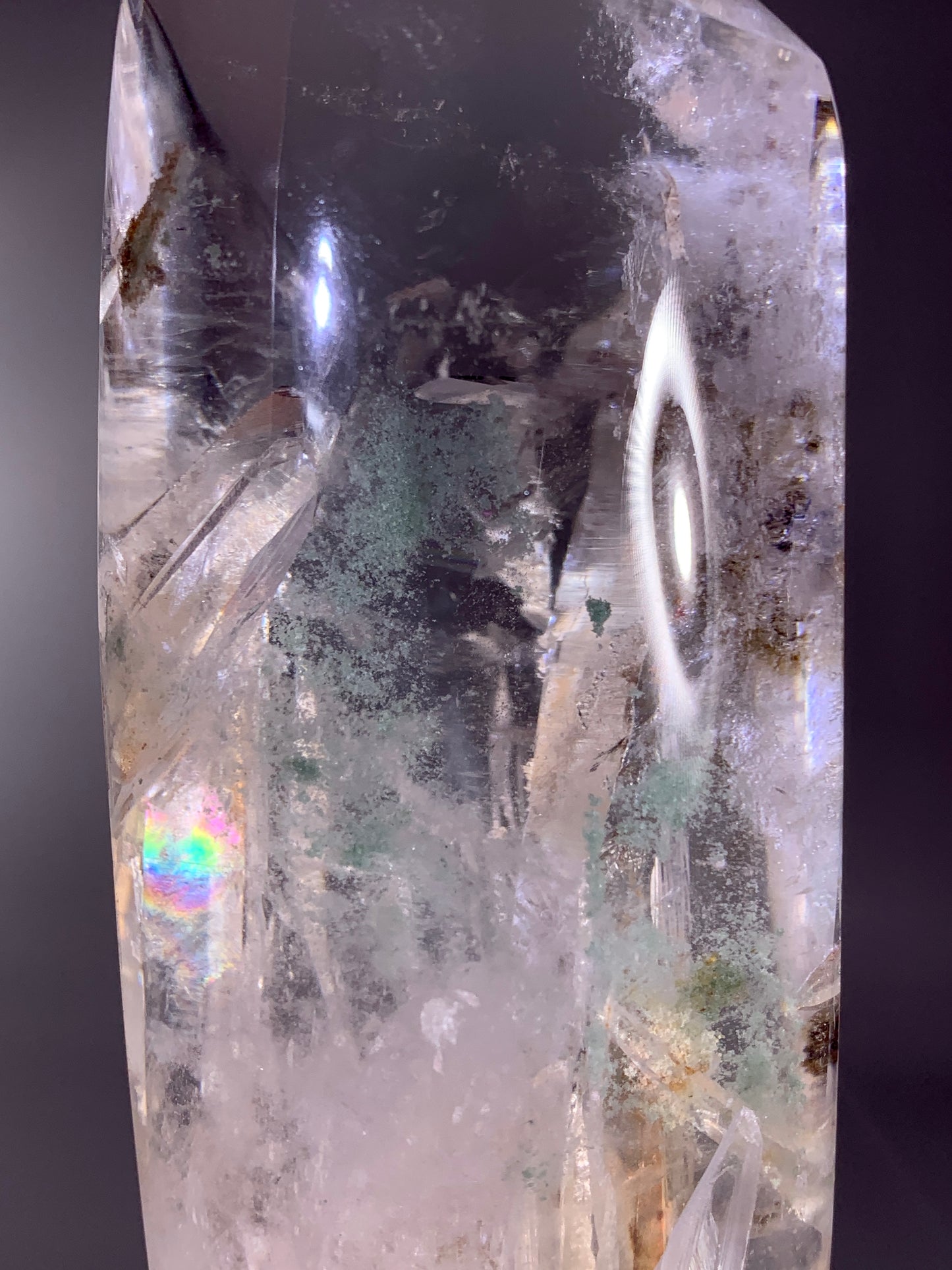 Large Penetrating Quartz-in-Quartz Tower with Natural Rainbow & Green Garden | Brazil