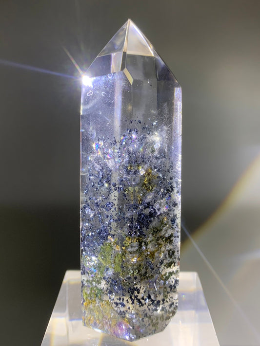 Rare Top-Grade Black Hematite in Quartz with Blue Feather Phantom and Rainbows – Collector’s Crystal from Madagascar