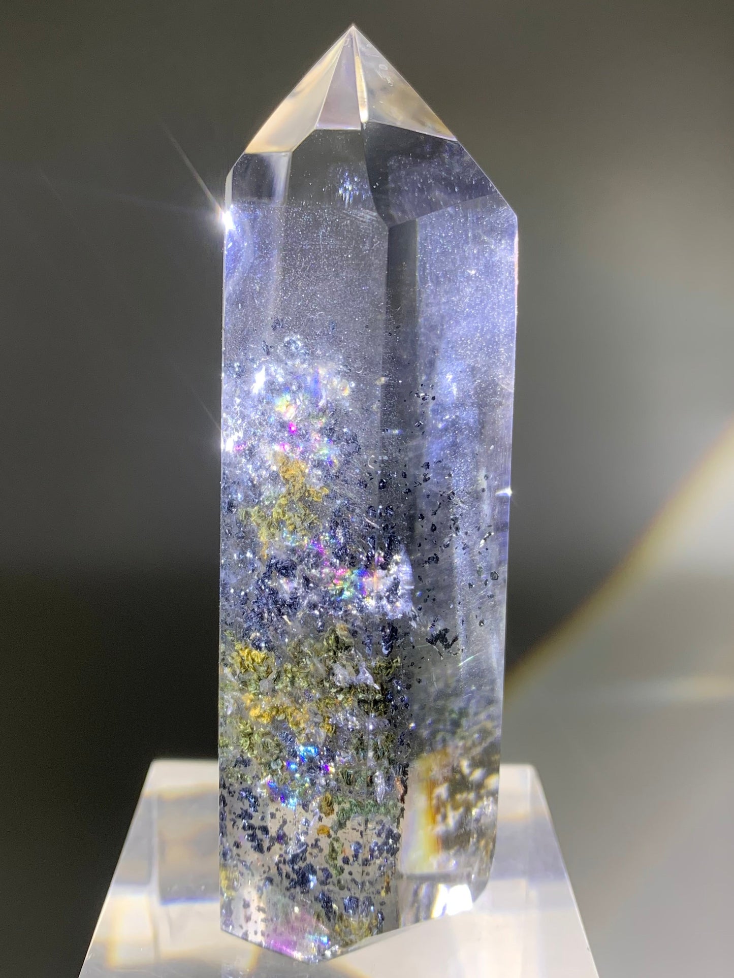 Rare Top-Grade Black Hematite in Quartz with Blue Feather Phantom and Rainbows – Collector’s Crystal from Madagascar