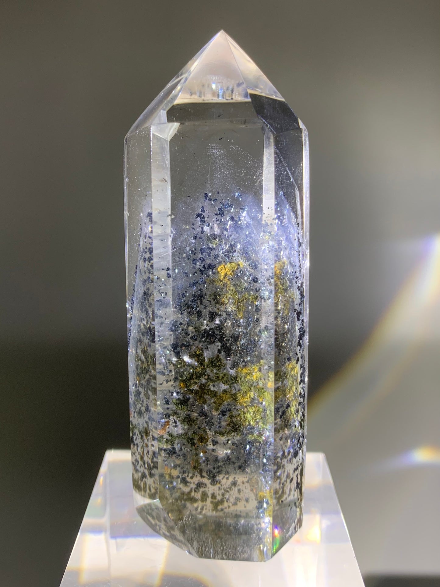 Rare Top-Grade Black Hematite in Quartz with Blue Feather Phantom and Rainbows – Collector’s Crystal from Madagascar