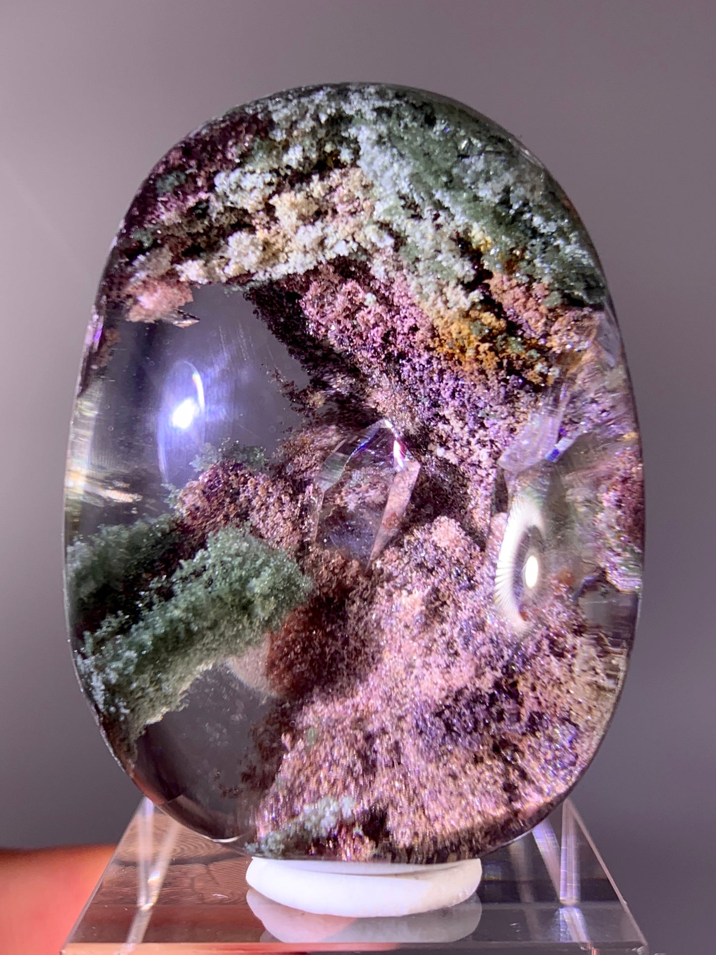 Collector’s Grade Colorful Four-Season Garden Quartz Palmstone with Quartz-in-Quartz & Natural Rainbow | Brazil