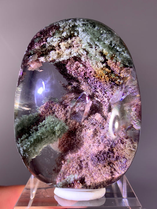 Collector’s Grade Colorful Four-Season Garden Quartz Palmstone with Quartz-in-Quartz & Natural Rainbow | Brazil