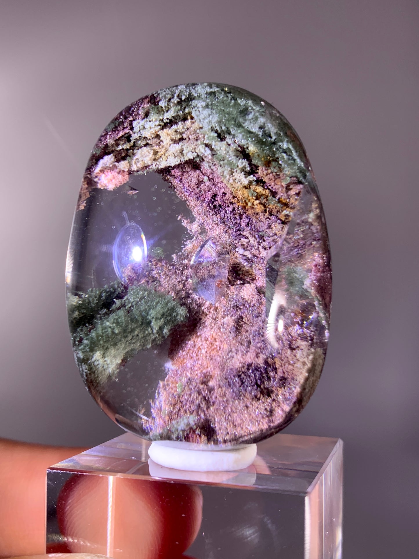Collector’s Grade Colorful Four-Season Garden Quartz Palmstone with Quartz-in-Quartz & Natural Rainbow | Brazil