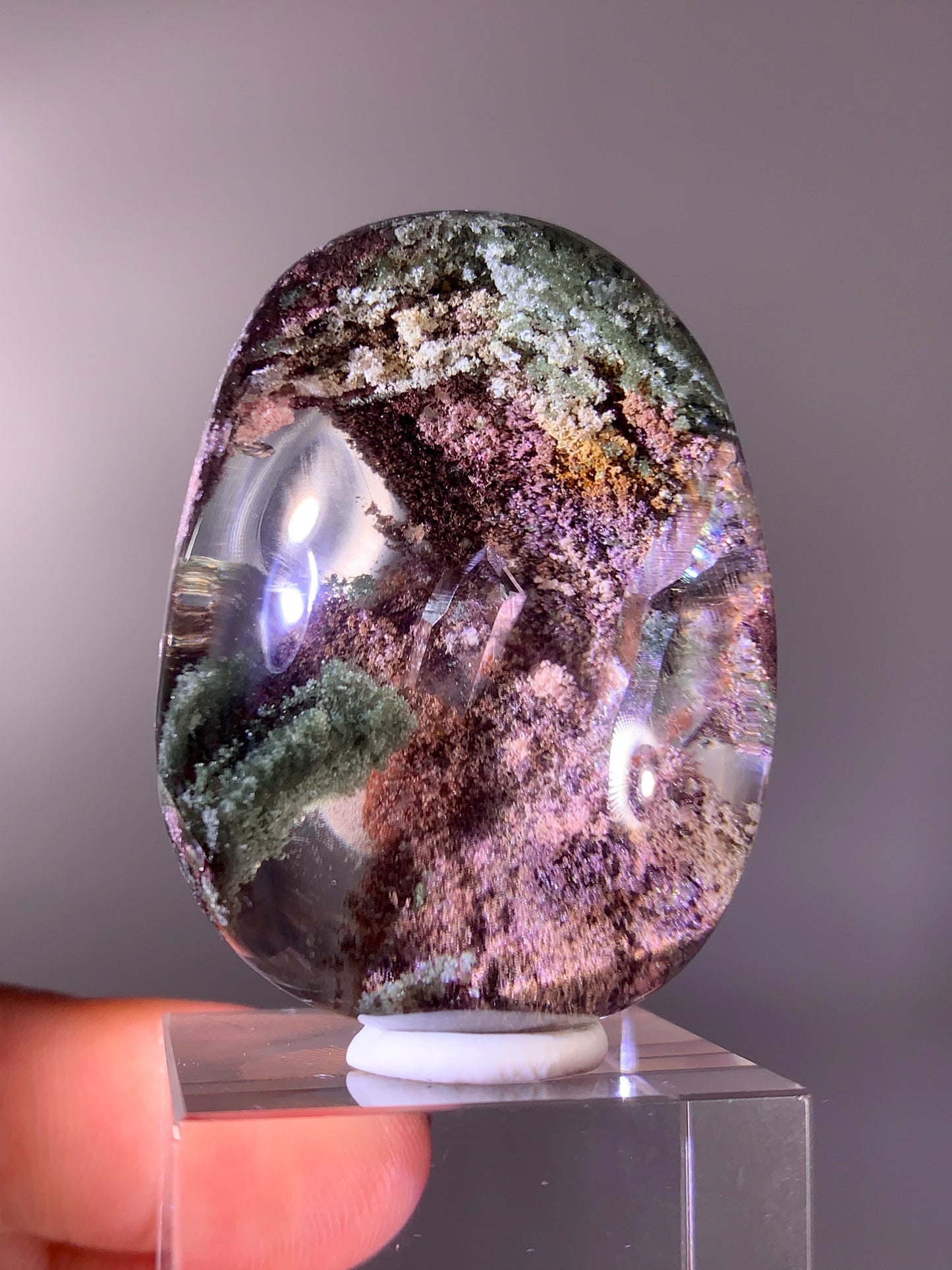 Collector’s Grade Colorful Four-Season Garden Quartz Palmstone with Quartz-in-Quartz & Natural Rainbow | Brazil