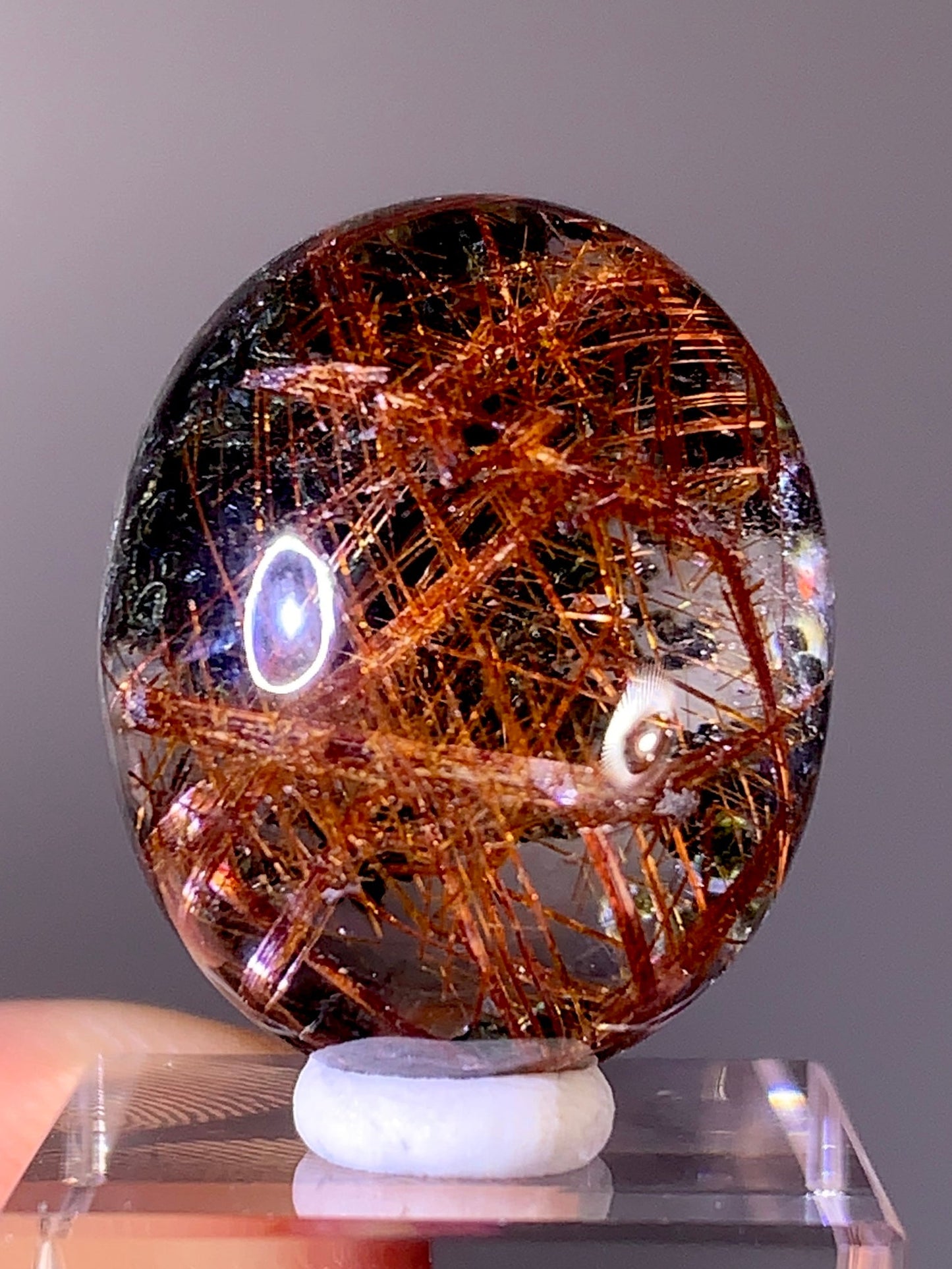 High-Quality Red Copper Sagenite Rutile with Deep Green Noodle Garden Quartz Cabochon | Brazil