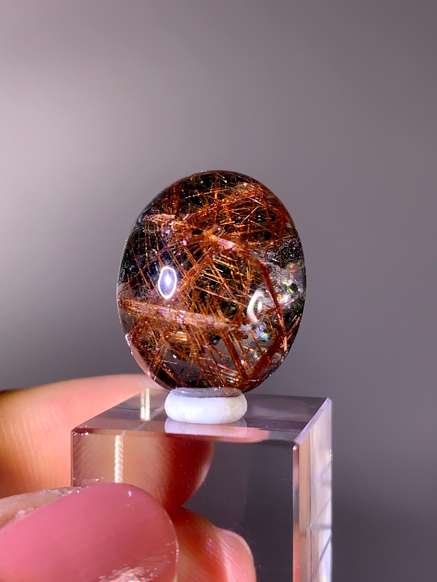 High-Quality Red Copper Sagenite Rutile with Deep Green Noodle Garden Quartz Cabochon | Brazil
