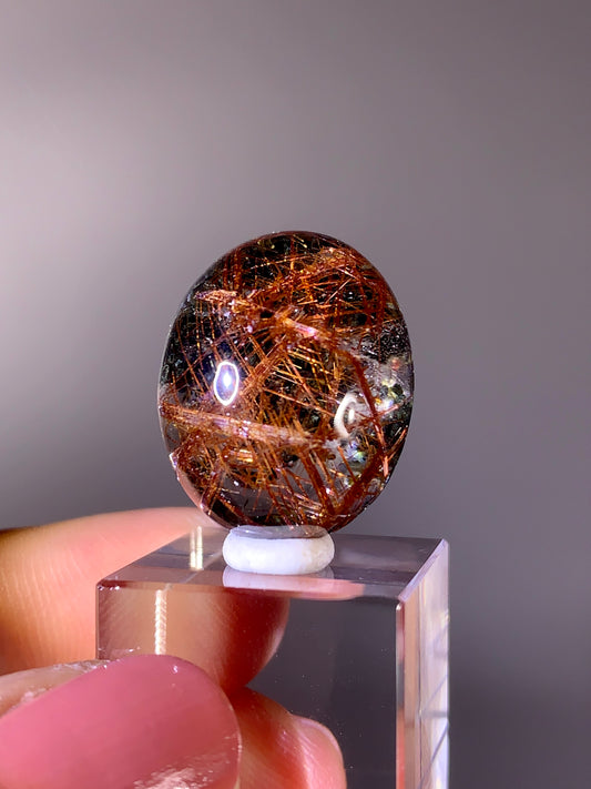 High-Quality Red Copper Sagenite Rutile with Deep Green Noodle Garden Quartz Cabochon | Brazil