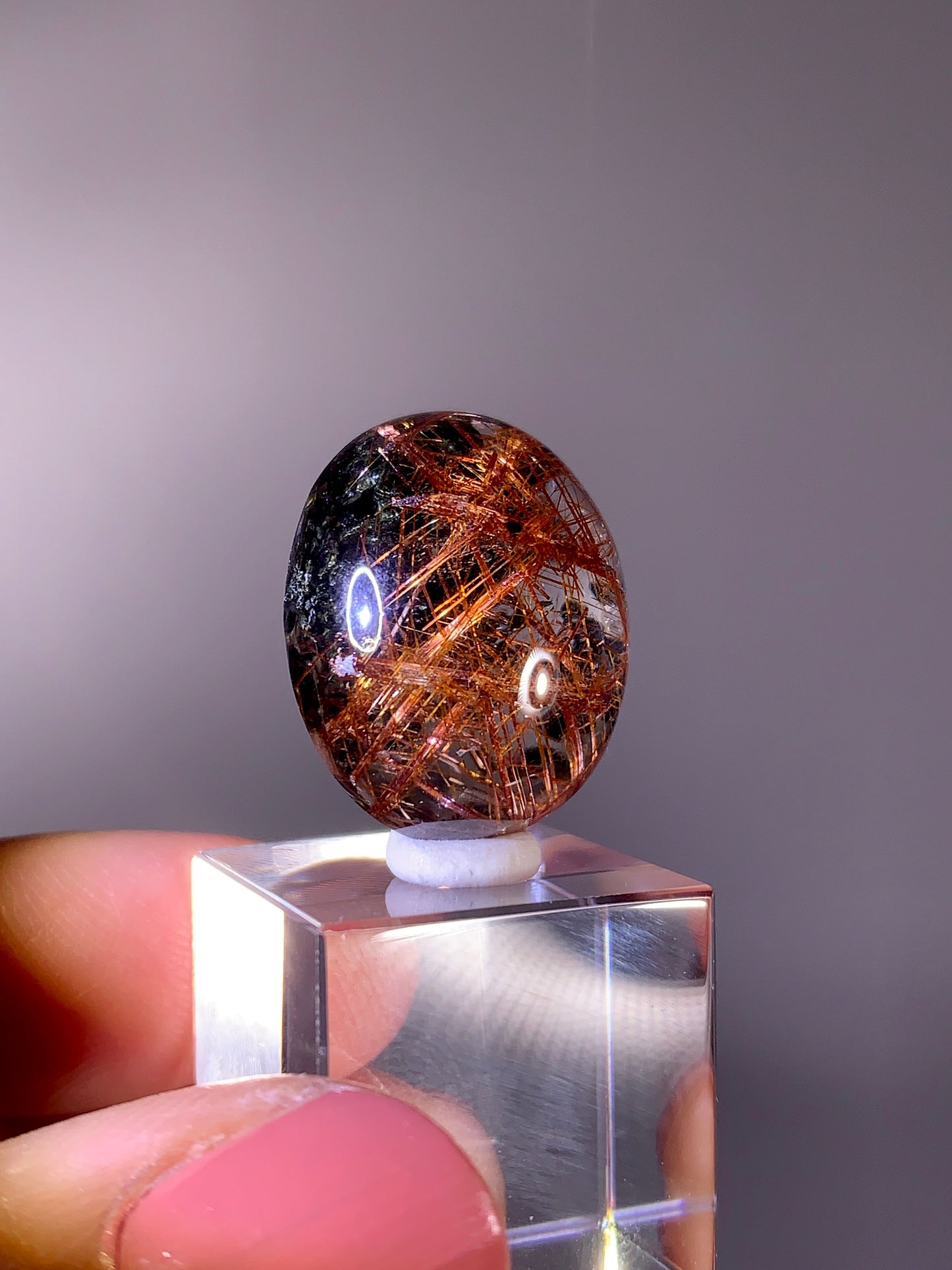 High-Quality Red Copper Sagenite Rutile with Deep Green Noodle Garden Quartz Cabochon | Brazil