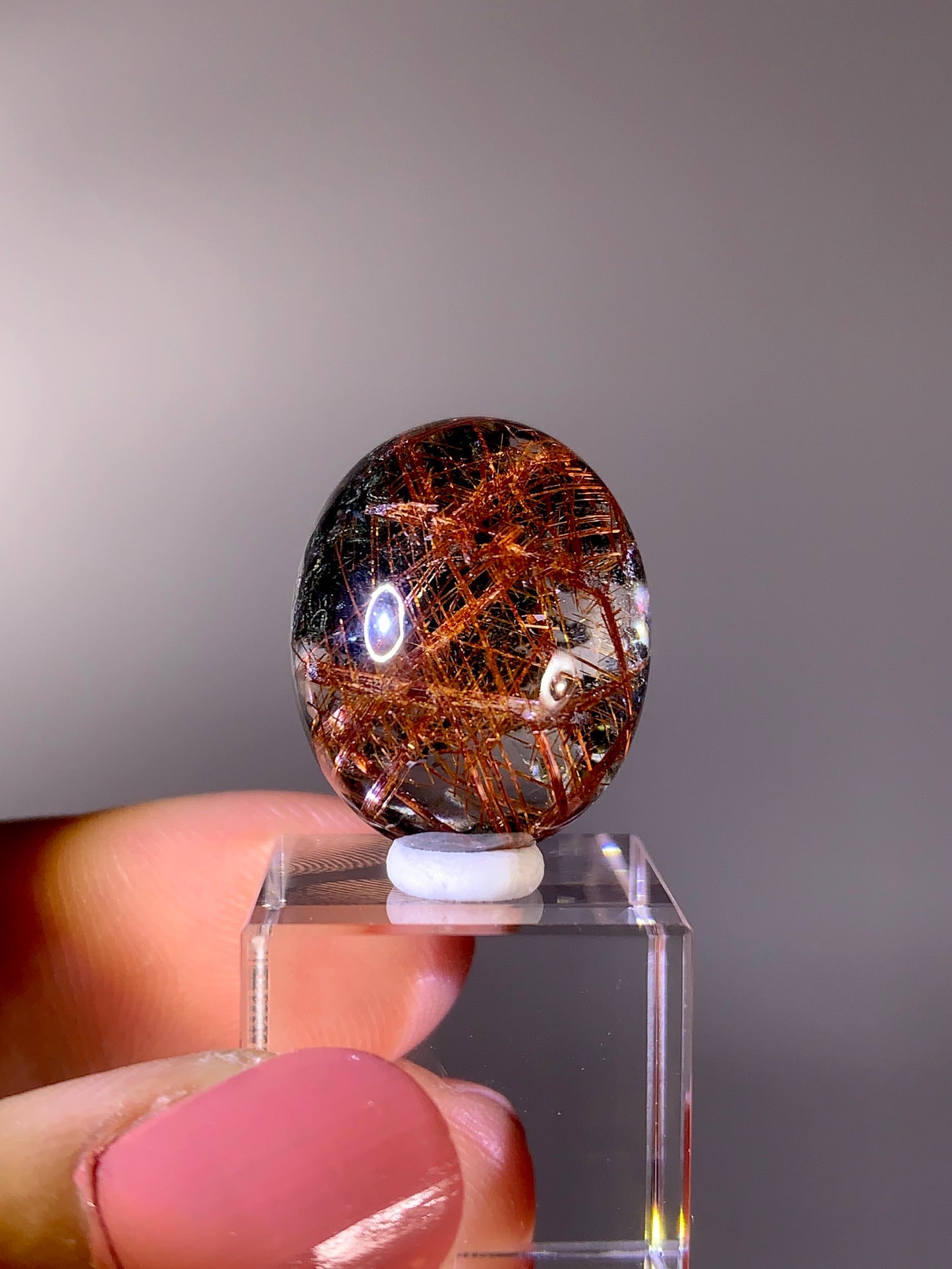 High-Quality Red Copper Sagenite Rutile with Deep Green Noodle Garden Quartz Cabochon | Brazil