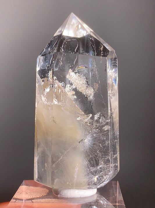 Rare Cream Amphibole with Silver Starburst Rutile & Manifestation Cluster Polished Tower from Brazil – Collector’s Crystal