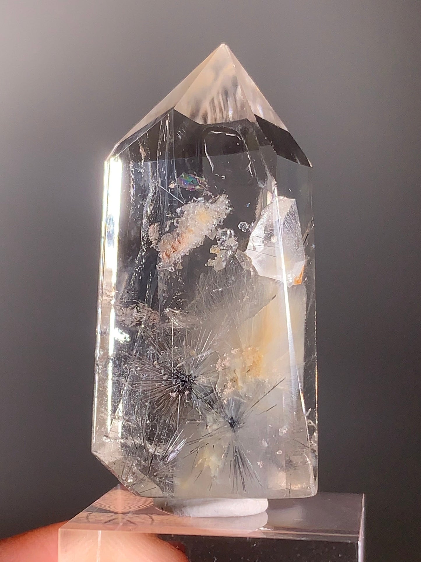 Rare Cream Amphibole with Silver Starburst Rutile & Manifestation Cluster Polished Tower from Brazil – Collector’s Crystal