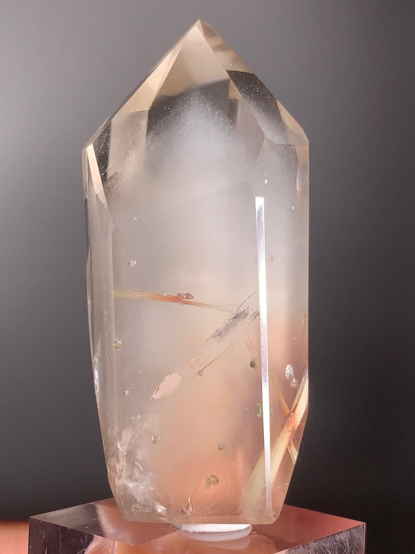Rare Cream Phantom with Champagne Rutile & Anatase Inclusion Polished Tower from Brazil – Collector’s Crystal