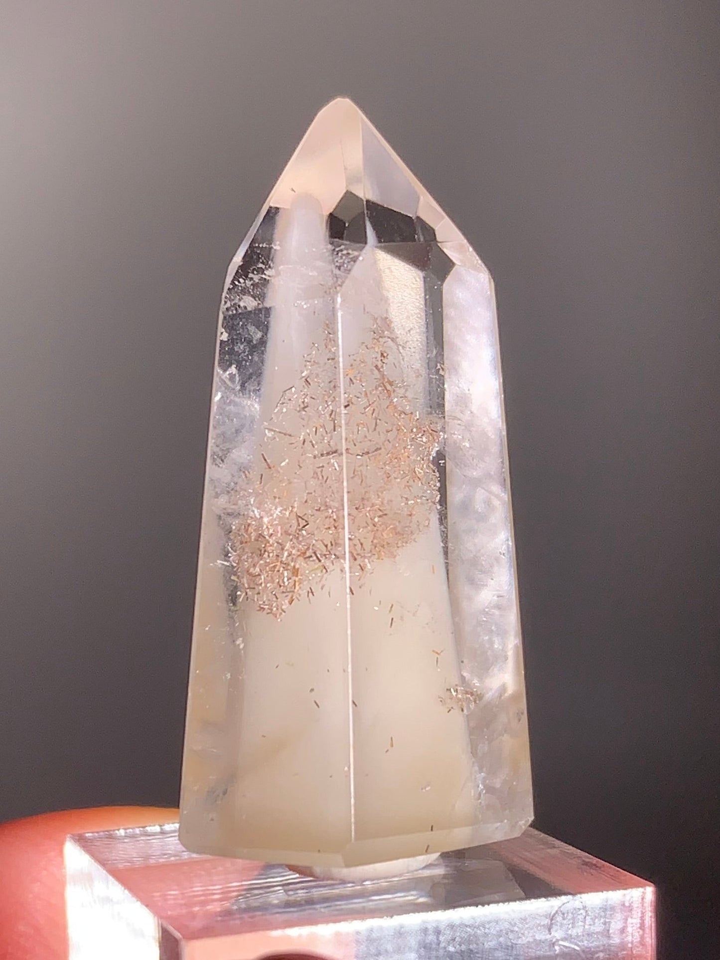 Rare Cream Phantom with Champagne Tourmaline Polished Tower from Brazil – Collector’s Crystal