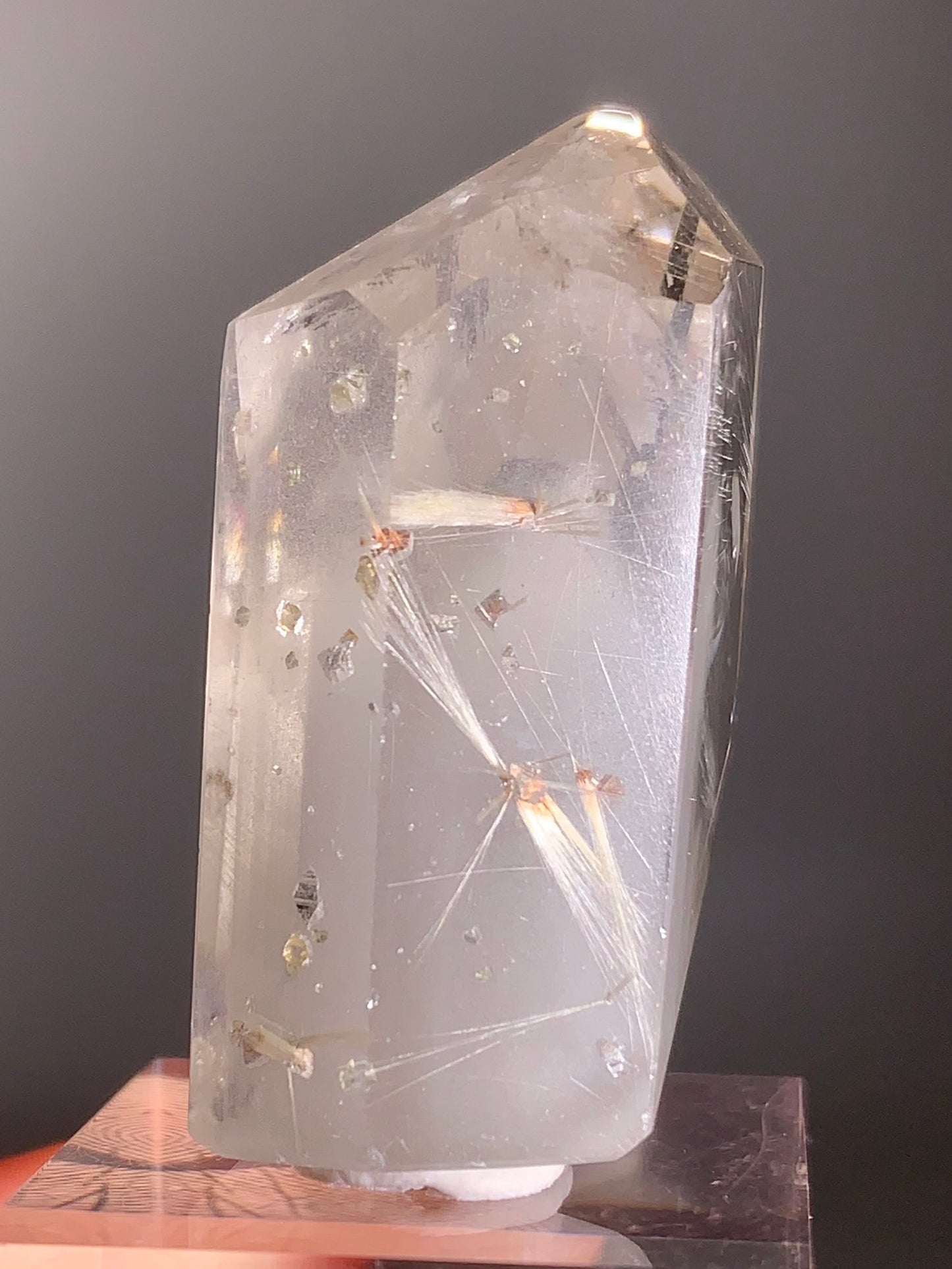 Rare Cream Phantom with Champagne Rutile & Anatase Inclusion Polished Tower from Brazil – Collector’s Crystal