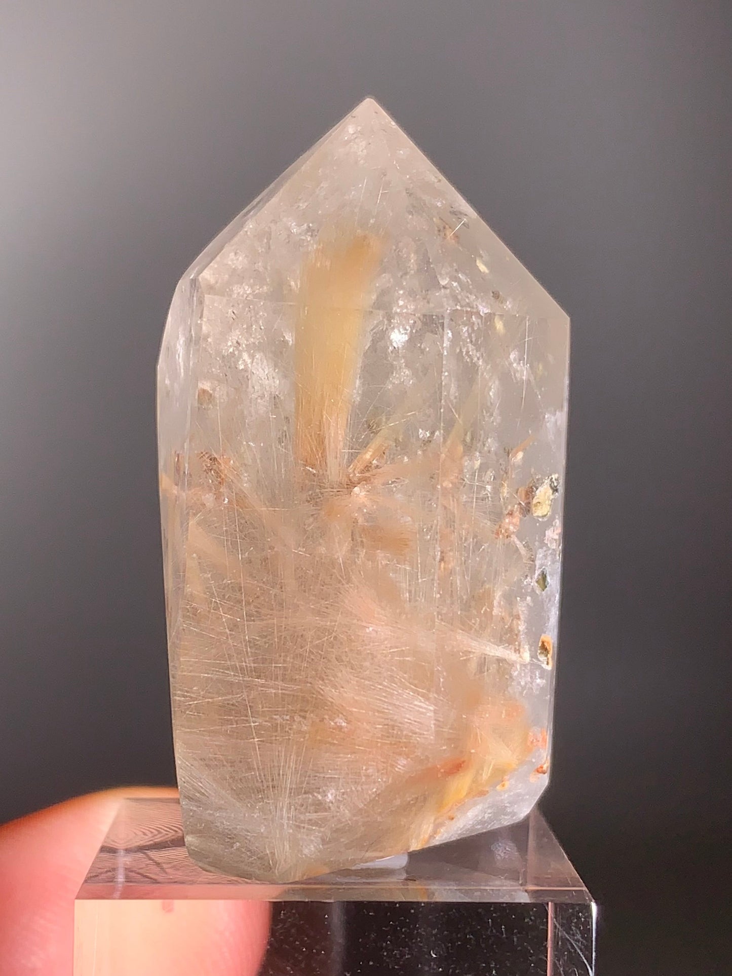 Rare Cream Phantom with Champagne Rutile & Anatase Inclusion Polished Tower from Brazil – Collector’s Crystal