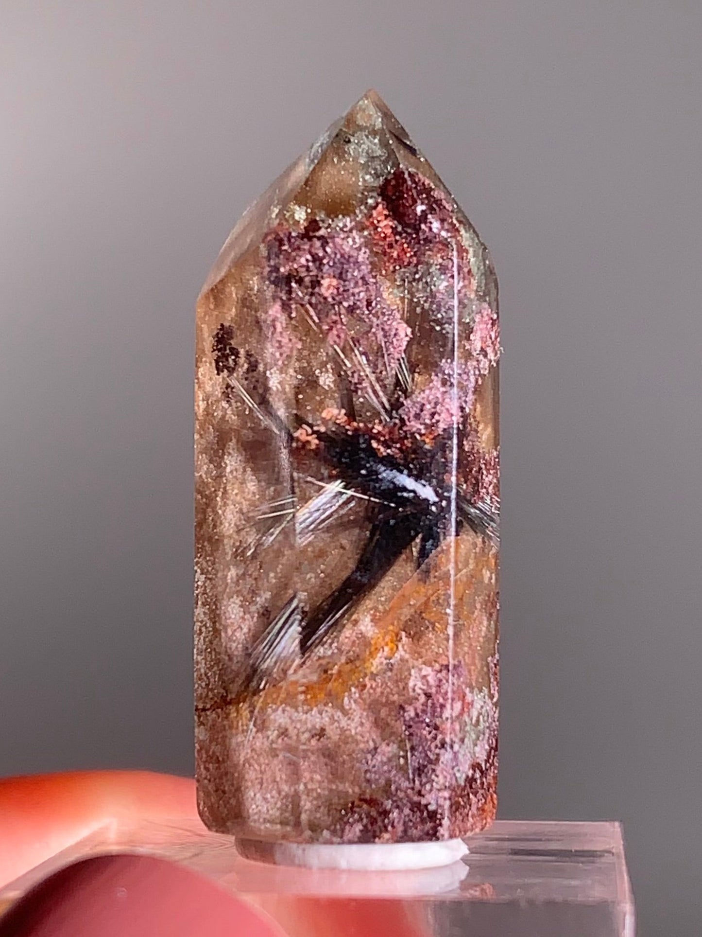 Rare Dark Silver Brookite Rutile in Brown & Pink Garden Quartz Crystal from Brazil