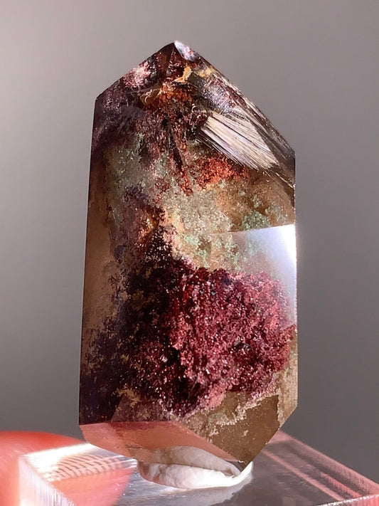 Rare Dark Silver Brookite Rutile in Brown & Red Garden Quartz Crystal from Brazil