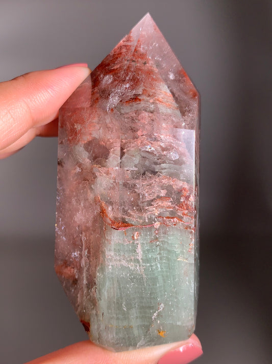 Pink, Red & Sage Green Layered Garden Quartz Polished Tower | High-Quality Crystal from Brazil