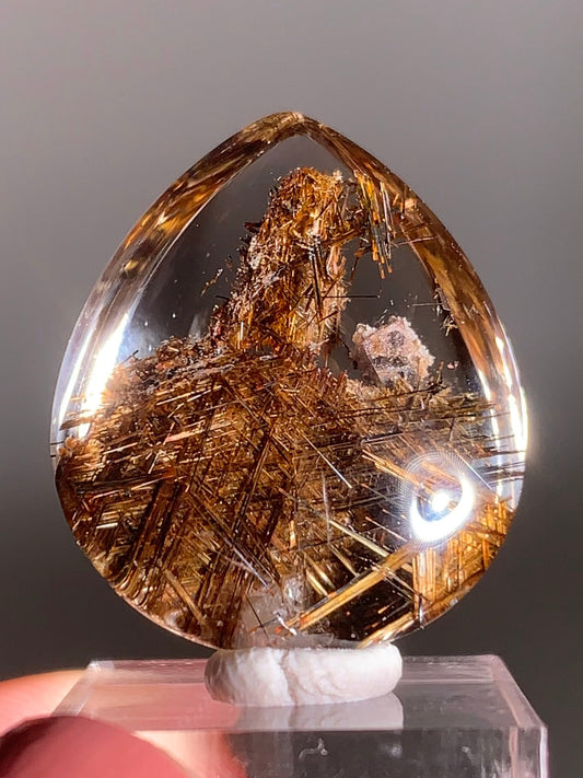 Rare Lattice Gold Rutile with Calcite & Garden Quartz Polished Teardrop From Brazil