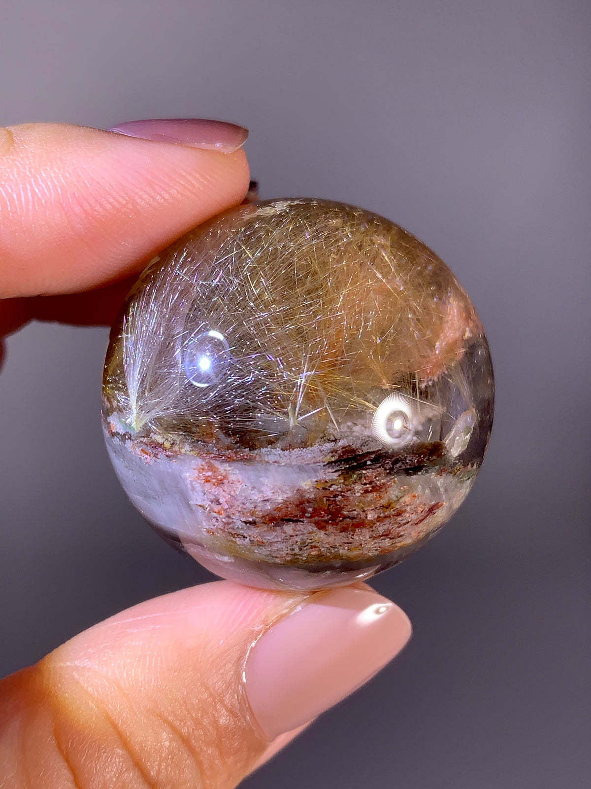 High-Quality Gold, Silver & Red Firework Rutile Garden Quartz Sphere | Brazil