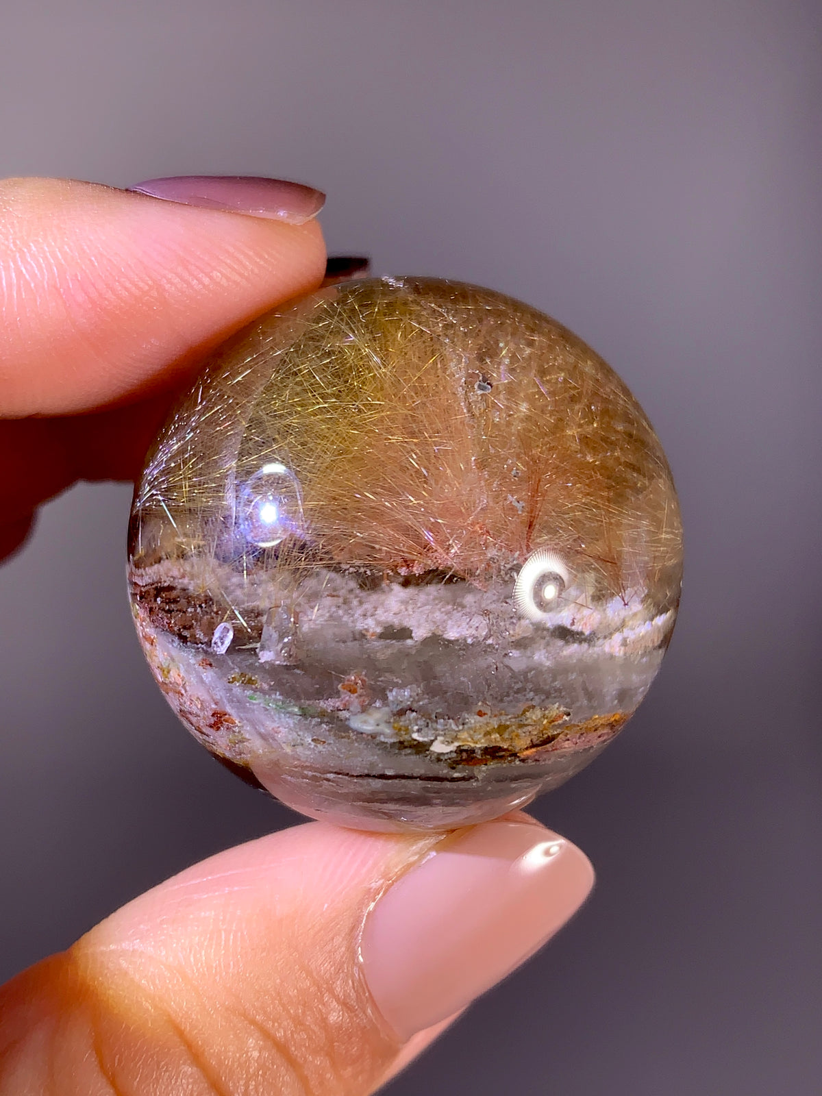 High-Quality Gold, Silver & Red Firework Rutile Garden Quartz Sphere | Brazil