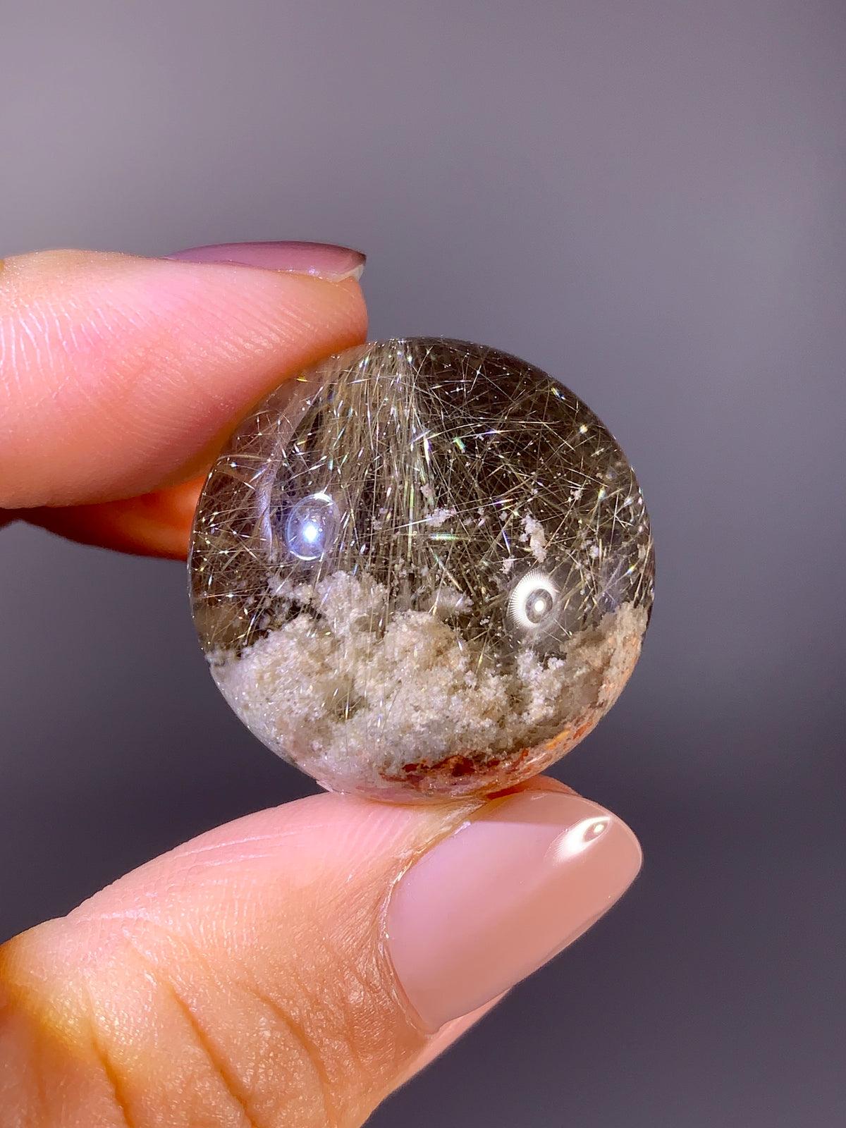 Collector’s Grade Gold Shooting Star Rutile & White Garden Quartz Sphere in Light Smoky Quartz | Brazil