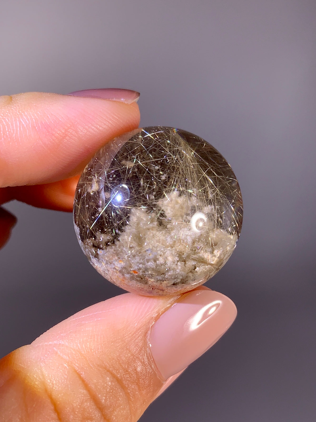 Collector’s Grade Gold Shooting Star Rutile & White Garden Quartz Sphere in Light Smoky Quartz | Brazil