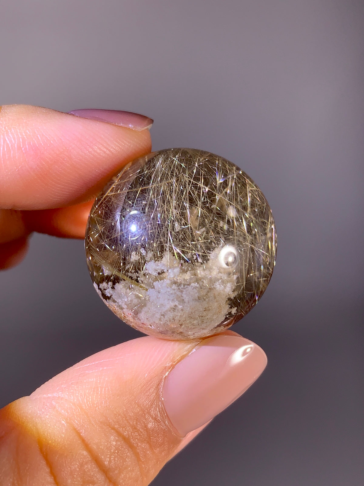 Collector’s Grade Gold Shooting Star Rutile & White Garden Quartz Sphere in Light Smoky Quartz | Brazil