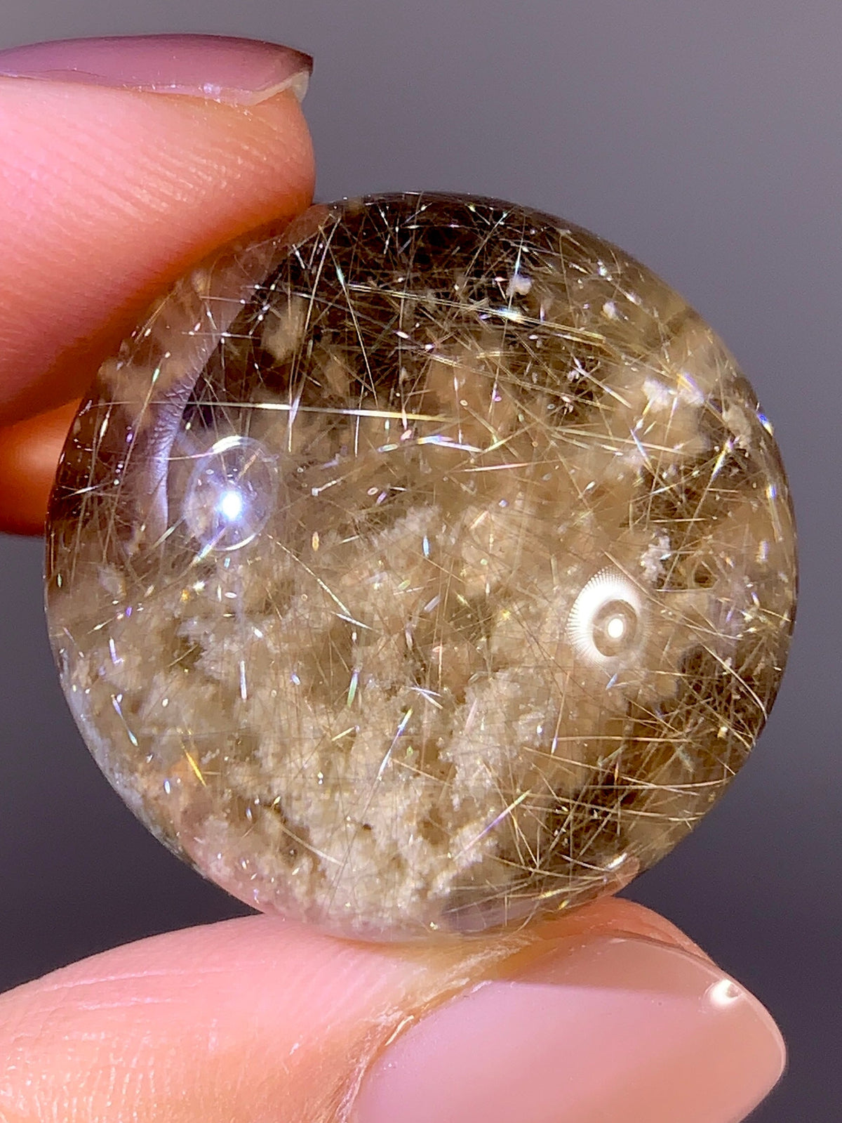 Collector’s Grade Gold Shooting Star Rutile & White Garden Quartz Sphere in Light Smoky Quartz | Brazil