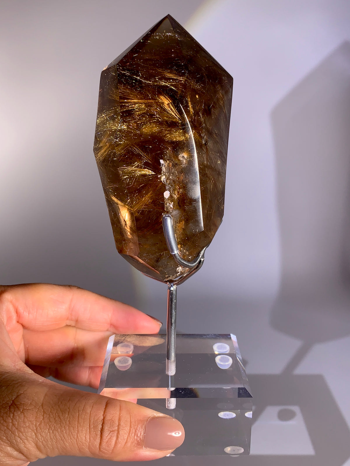 Collector’s Grade Large Shiny Gold Rutile in Smoky Quartz Point | Brazil