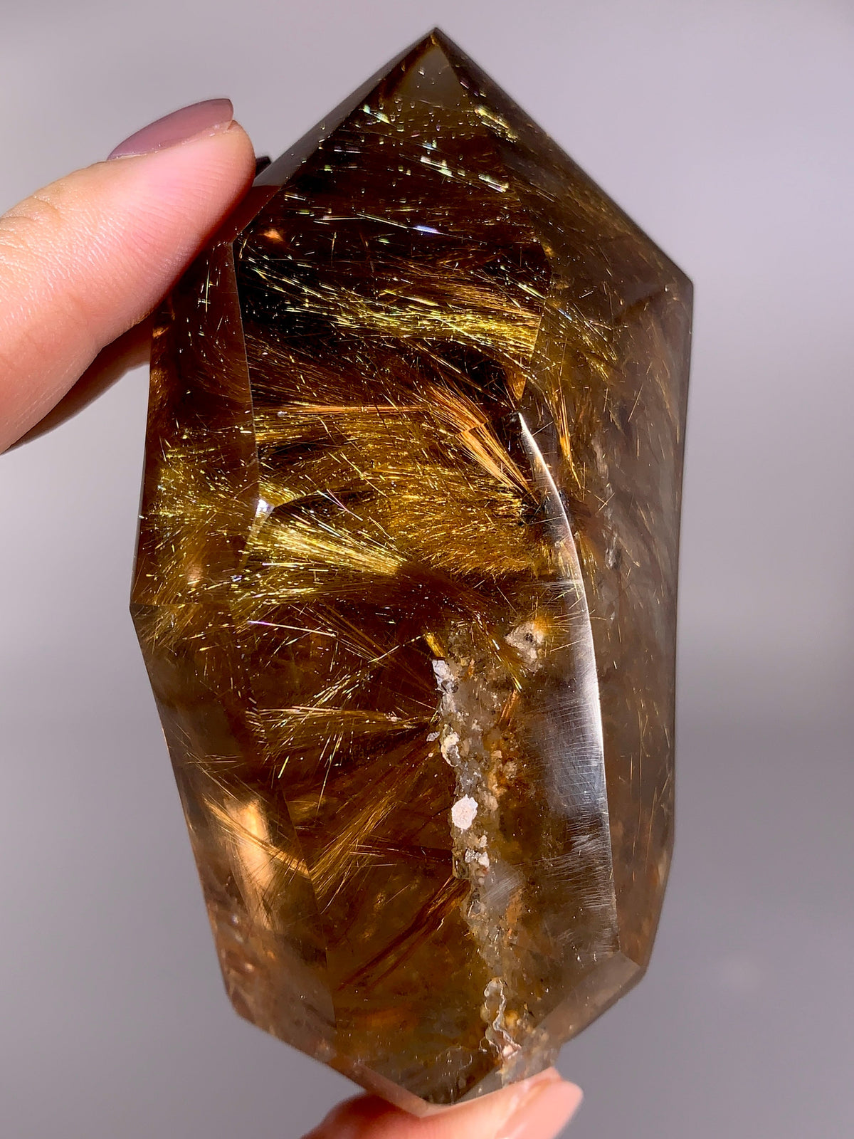 Collector’s Grade Large Shiny Gold Rutile in Smoky Quartz Point | Brazil