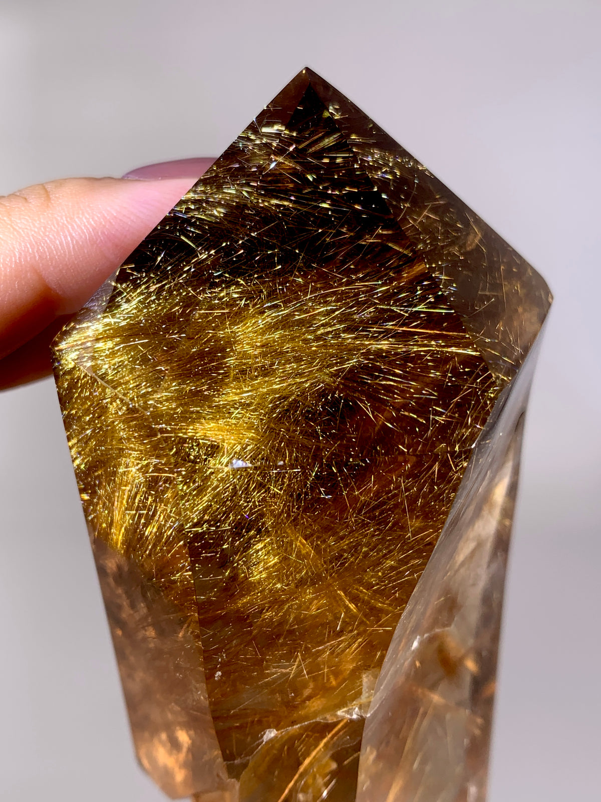 Collector’s Grade Large Shiny Gold Rutile in Smoky Quartz Point | Brazil